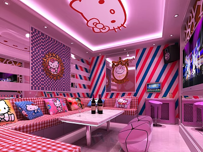 Hello Kitty Themed KTV Room Interior With Pink Striped Polka Dot Walls Sofa And TV 3d model