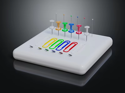 White Organizer with Colorful Push Pins and Paper Clips on 3d model