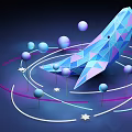 Polygonal Blue Purple Banana Shaped Object With Colorful Spheres And Glowing Rings
