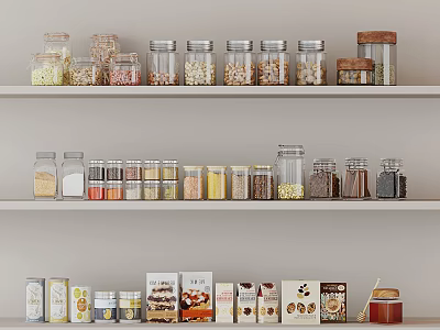 Variety Of Spice Jars And Kitchen Storage On Shelves 3d model
