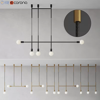 Modern Linear Chandelier with Black and Gold Metal Frame and Multiple White Bulbs Minimalist Design 3d model