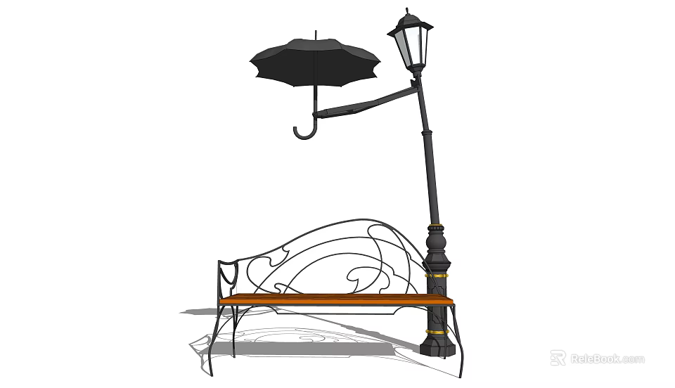 Outdoor Landscape Bench With Curved Metal Frame Wooden Seat And Umbrella Street Lamp 3d model 