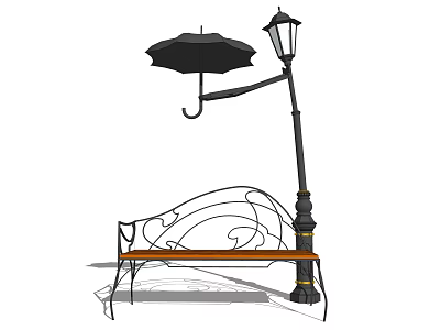 Outdoor Landscape Bench With Curved Metal Frame Wooden Seat And Umbrella Street Lamp 3d model