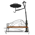 Outdoor Landscape Bench With Curved Metal Frame Wooden Seat And Umbrella Street Lamp
