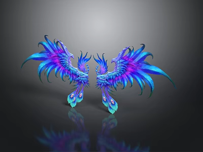 Twin Phoenixes With Purple And Blue Feathers Spread Wings On Reflective Surface 3d model