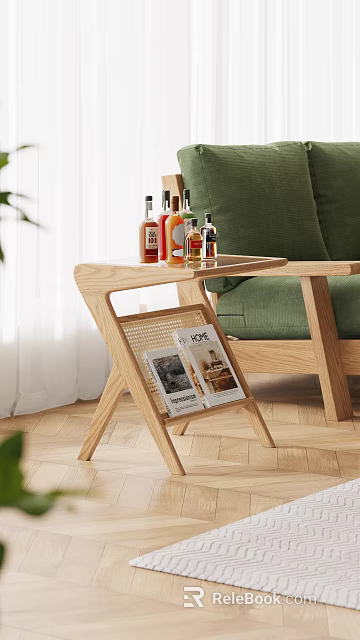 Modern Living Room Wooden Side Table With Woven Design Magazines And Green Sofa 3d model 