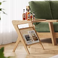 Modern Living Room Wooden Side Table With Woven Design Magazines And Green Sofa