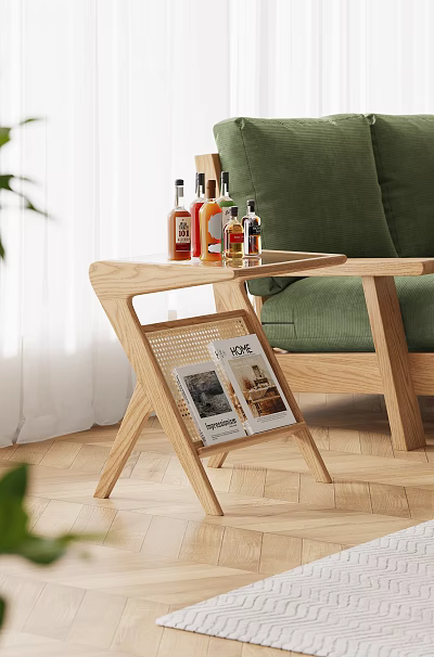 Modern Living Room Wooden Side Table With Woven Design Magazines And Green Sofa 3d model