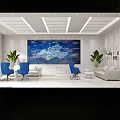 Bright Modern Corporate Reception Area With Large Digital Map Screen And Comfortable Lounge Seating