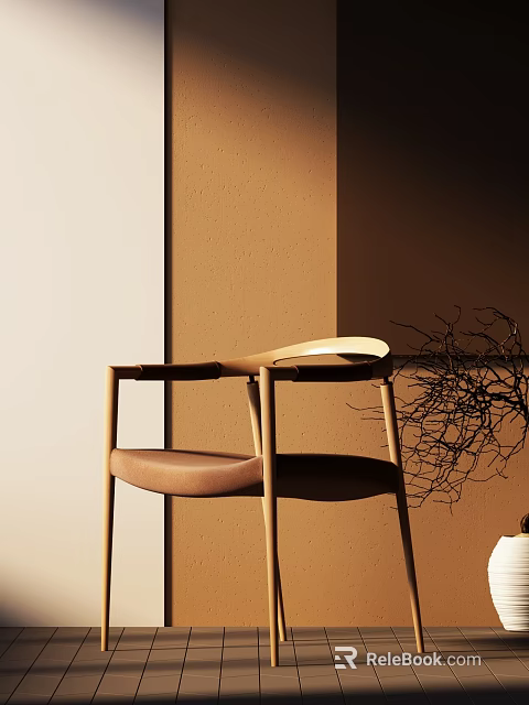 Modern Single Chair With Brown Leather Seat Wooden Frame And Warm Light Shadow 3d model 
