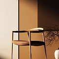 Modern Single Chair With Brown Leather Seat Wooden Frame And Warm Light Shadow
