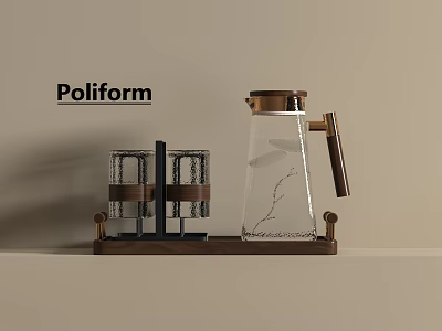 Poliform Minimalist Glass Cups With Metal Frame Holders On Wooden Tray Design 3d model