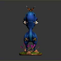 Blue Cartoon Dinosaur With Butterfly On Head On Green Grass Orange Flowers Pink Blades