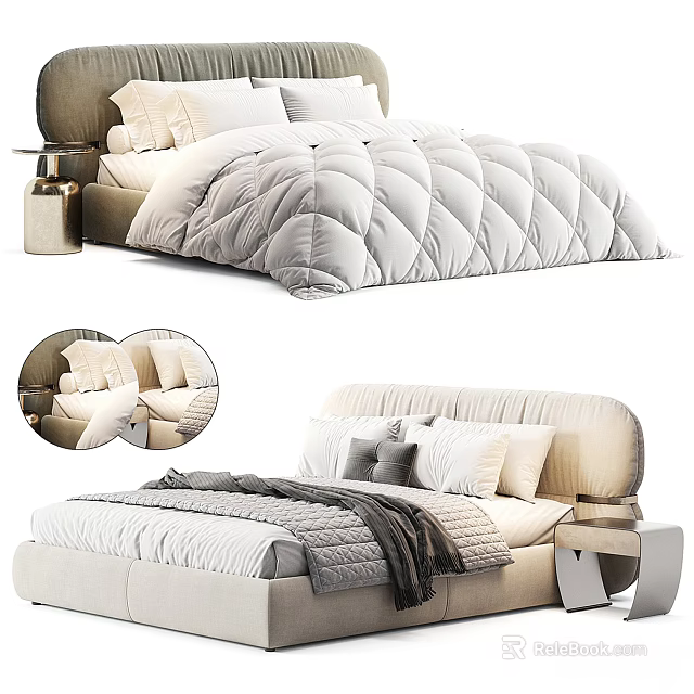 Modern Double Bed With Upholstered Headboard Decorative Pillows And Quilted Comforter 3d model 