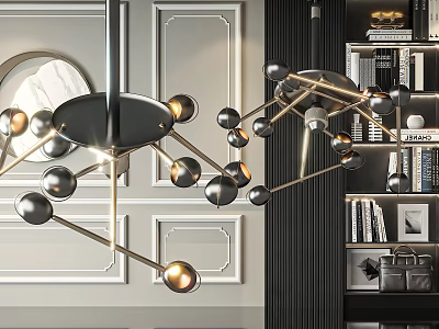 Elegant Modern Chandelier Design With Gold Black Metal Spheres In Decorative Interior 3d model