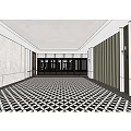 Luxurious Clubhouse Corridor After Renovation With Large Windows Golden Columns And Patterned Floor Tiles