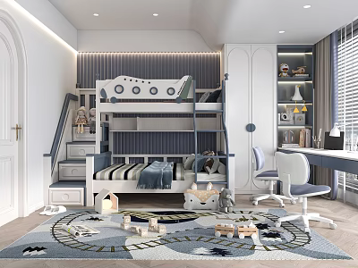 Modern Minimalist Kids Bedroom With Bunk Bed Desk And Toys 3d model