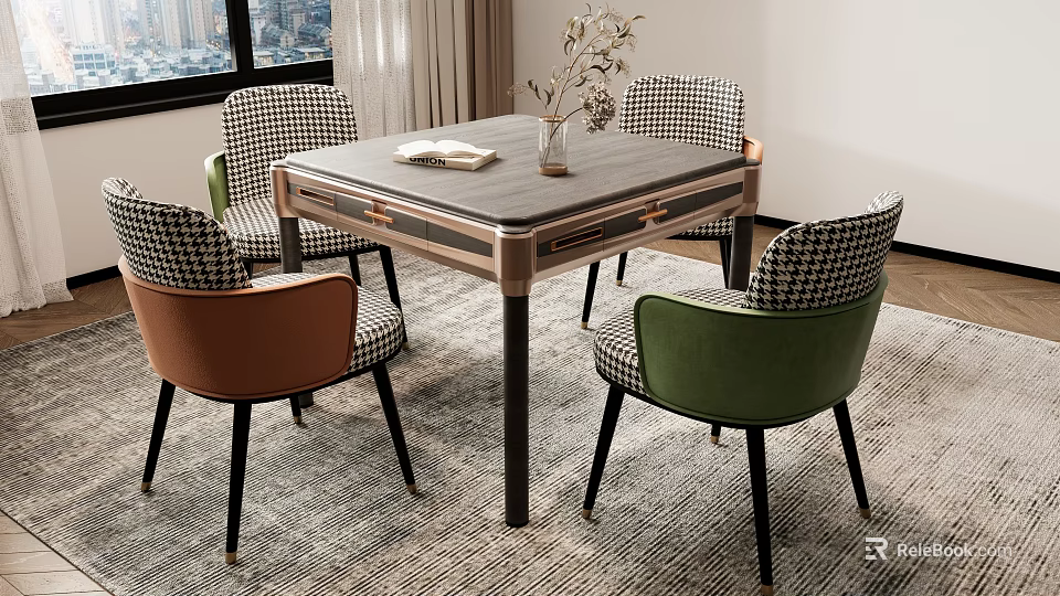 Modern Entertainment Table with Houndstooth Pattern Brown and Green Chairs Vase and Book on Top 3d model 