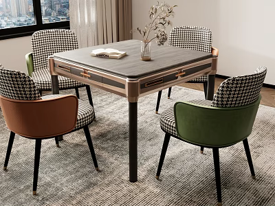 Modern Entertainment Table with Houndstooth Pattern Brown and Green Chairs Vase and Book on Top 3d model