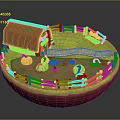 Scenic Miniature Landscape With Red Roof Barn Green Grass Wooden Fence And Pumpkin Patch