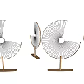 Three Modern Metal Screens With Radial Lines And Circular Design On Golden Stands For Home Decor