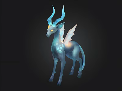 Blue Mythical Creature With Antlers Wings And Glowing Body Features 3d model