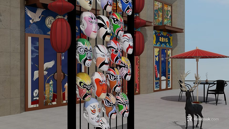 Colorful Chinese Opera Mask Sculptures with Red Lanterns for Traditional Outdoor Decor 3d model 