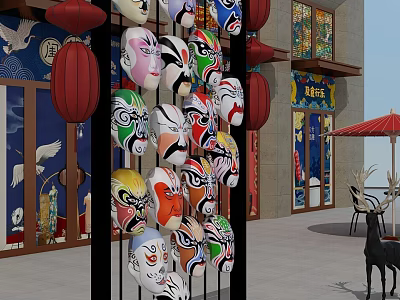 Colorful Chinese Opera Mask Sculptures with Red Lanterns for Traditional Outdoor Decor 3d model