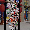 Colorful Chinese Opera Mask Sculptures with Red Lanterns for Traditional Outdoor Decor