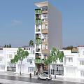 Modern Tall Building Surrounded By Low Rise White Buildings Trees Pedestrians And Cars On Street