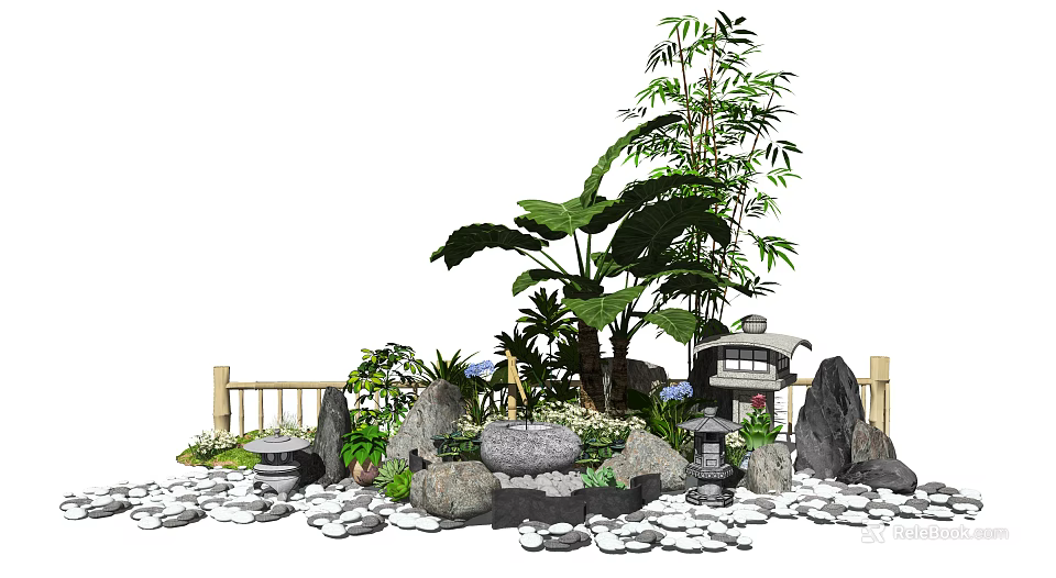 Garden Courtyard Design Featuring Bamboo Large Leaf Plants Rockery Stones Stone Lanterns And Wooden Fence 3d model 