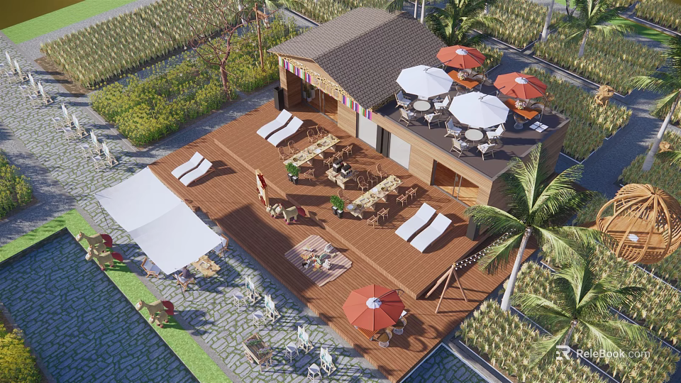 Boutique Guesthouse With Wooden Deck Sun Loungers Outdoor Umbrellas And Palm Trees In Green Fields 3d model 