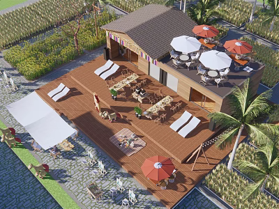 Boutique Guesthouse With Wooden Deck Sun Loungers Outdoor Umbrellas And Palm Trees In Green Fields 3d model