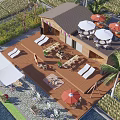 Boutique Guesthouse With Wooden Deck Sun Loungers Outdoor Umbrellas And Palm Trees In Green Fields