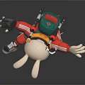 Game Movie Character in Red Outfit Carrying Swords Riding Graphic Skateboard Jumping Pose