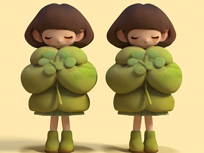 Hand-made cartoon character cute woman adorable sister four-leaf clover cartoon character green character 3d model