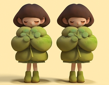 Hand-made cartoon character cute woman adorable sister four-leaf clover cartoon character green character 3d model