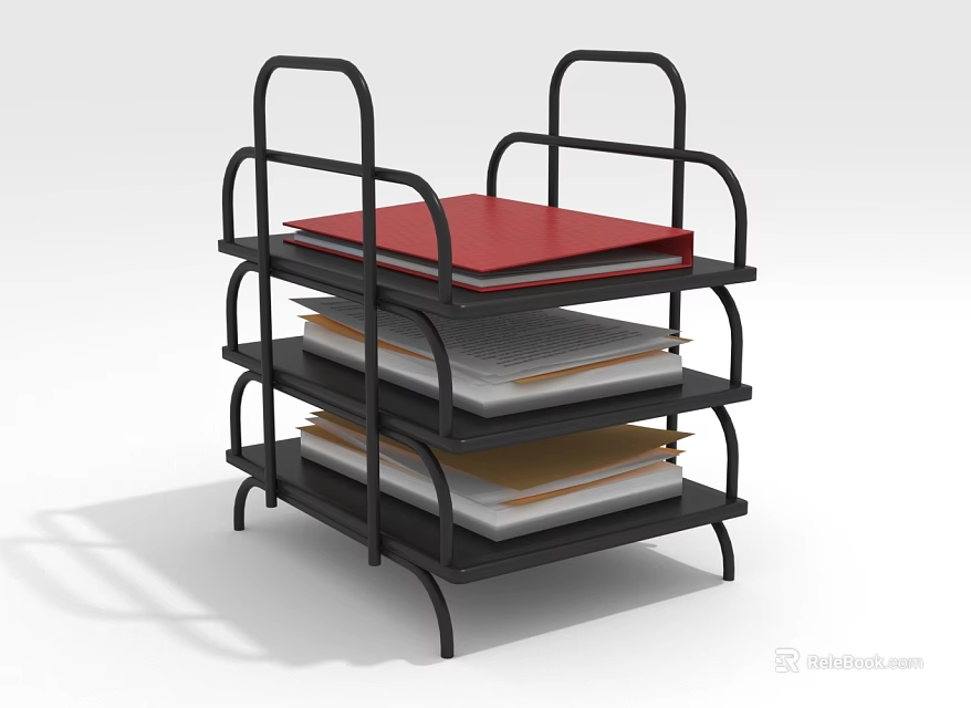 Black Metal Multi layer File Rack Furniture With Red Top And Document Storage Shelves 3d model 