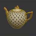 Elegant White Ceramic Teapot With Blue Leaf Pattern Golden Handle And Ornate Lid