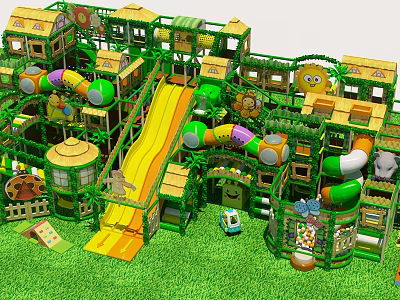 Colorful Kids Playground Equipment With Yellow Slide Climbing Structures And Cartoon Houses On Green Lawn 3d model