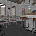 Industrial Style Bar Interior With Arched Windows Bar Counter And Wall Signs