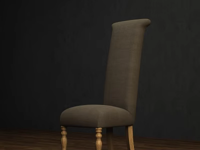 Gray Fabric Accent Chair With High Backrest And Carved Wooden Legs On Dark Wooden Floor 3d model