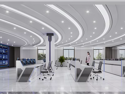 Modern Control Room Interior With Multiple Monitor Screens Control Desks And Office Chairs 3d model