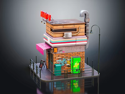Cute Cartoon Scene Featuring Small Building Red Sign Colorful Stripes Pink Awning and Green Door 3d model