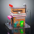 Cute Cartoon Scene Featuring Small Building Red Sign Colorful Stripes Pink Awning and Green Door