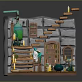 Cartoon Fantasy Scene With Stone Walls Wooden Stairs Green Contraption Candles Bookshelf And White Cat