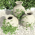 Three Light Colored Woven Vases With Green Vines For Indoor Decoration