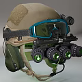 Military Tactical Helmet Equipped With Night Vision Goggles And Green Illuminated Lenses Head Mounted