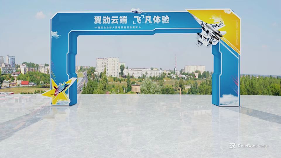 Blue Event Archway With Jet Graphics And Extraordinary Experience Over Cityscape Greenery 3d model 