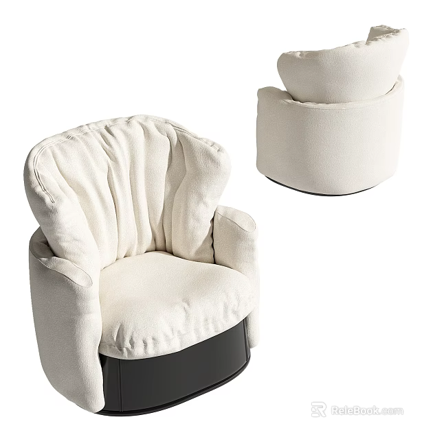 Soft Cream Colored Plush Accent Chair With Ruffled Back Design And Black Base 3d model 